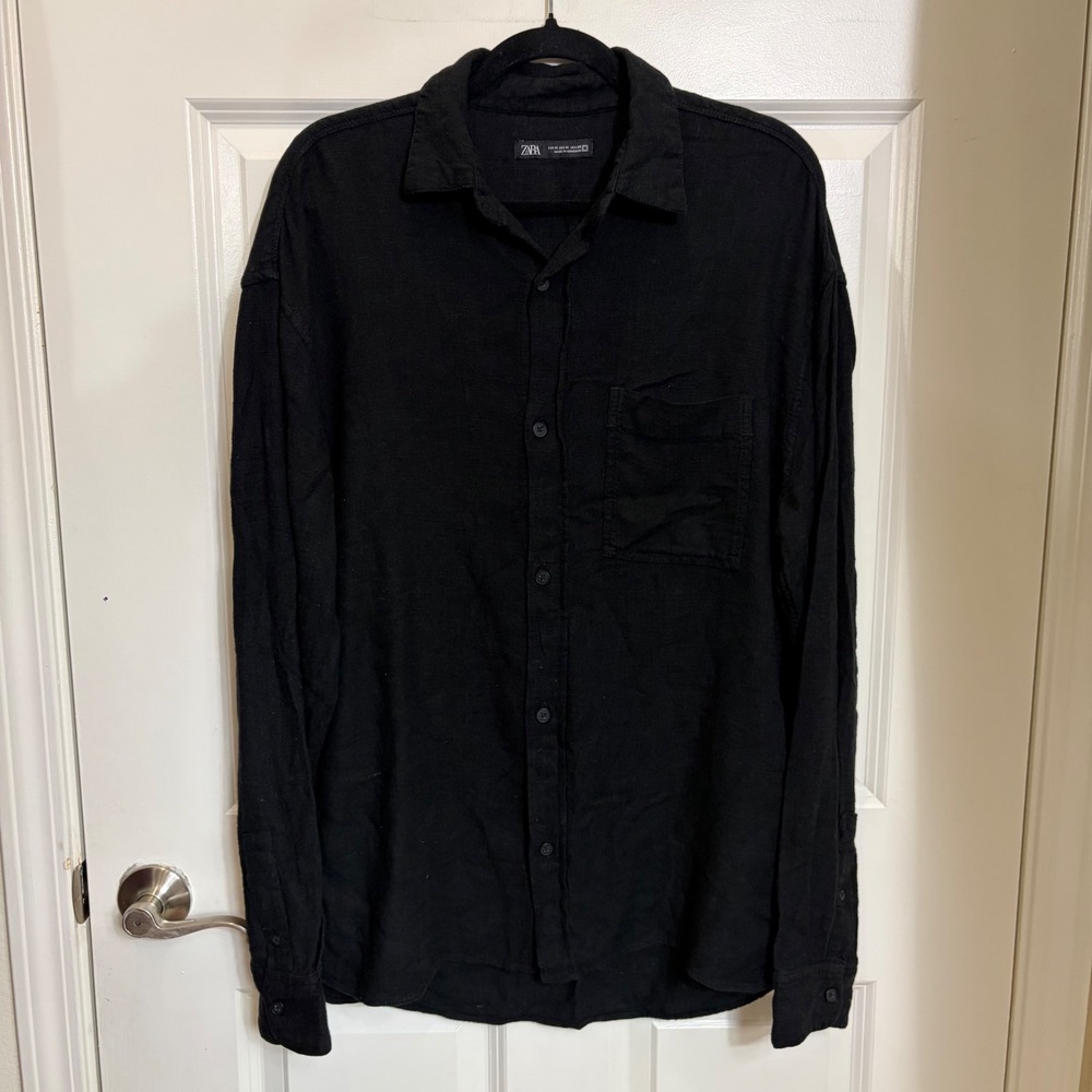Zara Man Black Linen Blend Long Sleeve Button Down Shirt Medium Pocket Casual